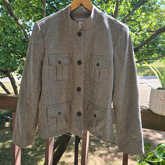 Liz Claiborne Women Vintage Old Money Wool Cashmere Herringbone Safari Jacket 14 - Picture 1 of 8